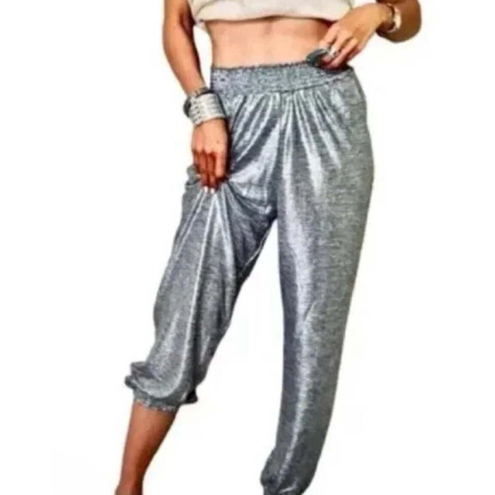 Anthropologie Sloane Silver Shimmer‎ Joggers Elastic Waist Drawstring Size Small